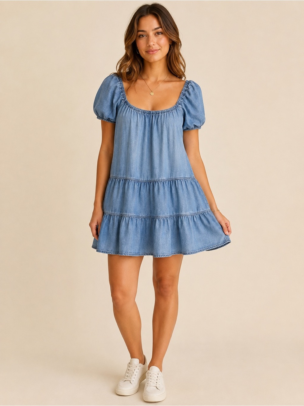 Mustard Seed Blue Chambray Puff Sleeve Tiered Mini Dress M Cottagecore